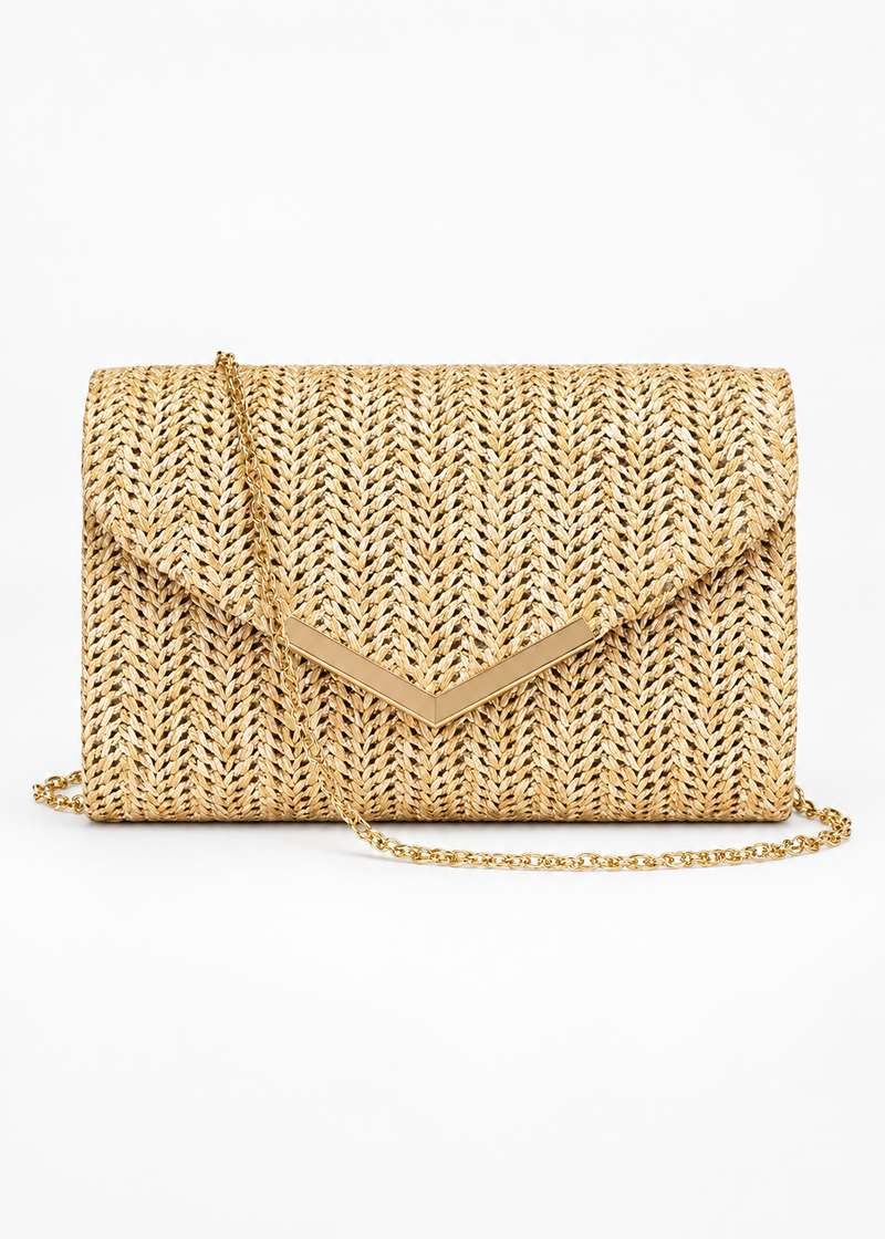 Women’s Woven Straw Envelope Clutch Bag with Detachable Chain