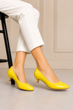 Women Round Toe Kitten Heel Shoes Yellow Patent G-20