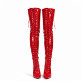Women's Red Patent Thigh High Over The Knee Front Lace Up Stiletto Boots 11720