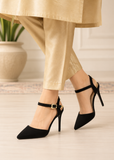 Pointy Toe Stiletto ankle strape court shoes Black Suede 221