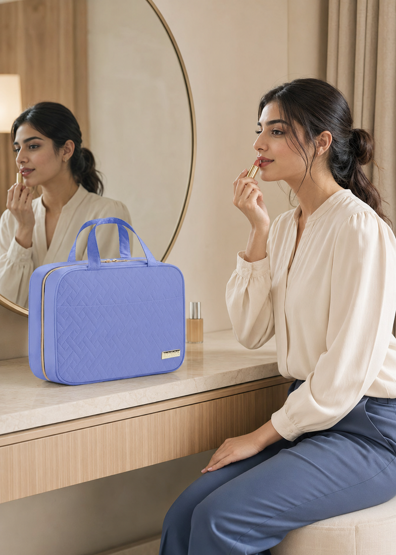 Women's Aqua Blue Hanging Toiletry Bag | Waterproof Travel Makeup Organiser with Hook & Multiple Compartments