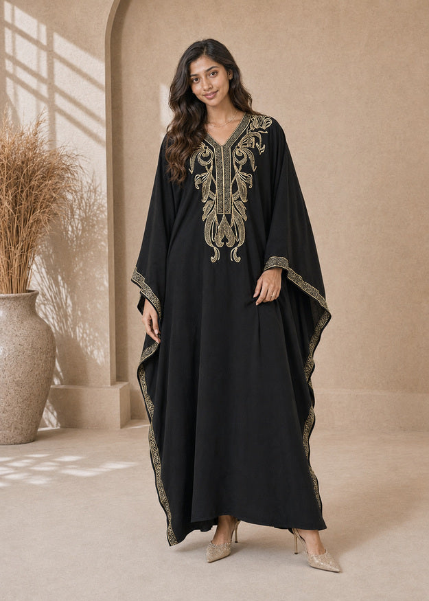 Women’s Q-Black Embroidered V-Neck Kaftan Maxi Dress – Beach Cover-Up