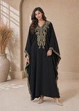 Women’s Q-Black Embroidered V-Neck Kaftan Maxi Dress – Beach Cover-Up