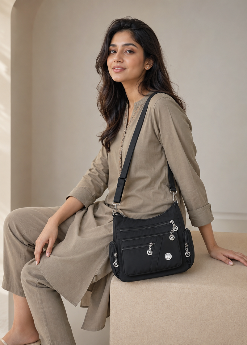 Women's Black Waterproof Nylon Crossbody Bag