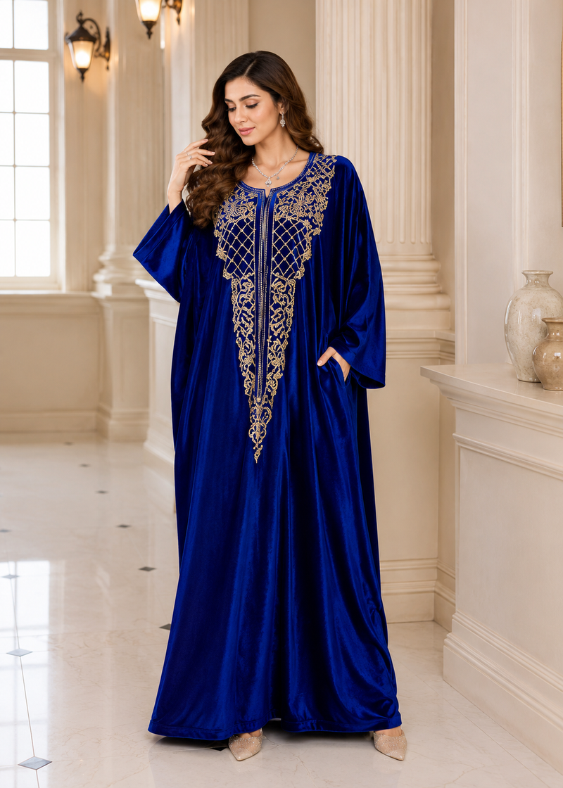 Women's Blue Embroidered Beach Kaftan Maxi Cover Up