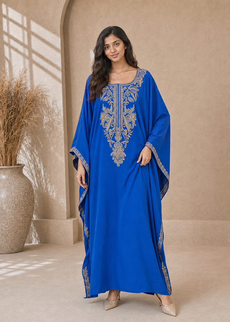 Women’s A-Blue Embroidered V-Neck Kaftan Maxi Dress – Beach Cover-Up