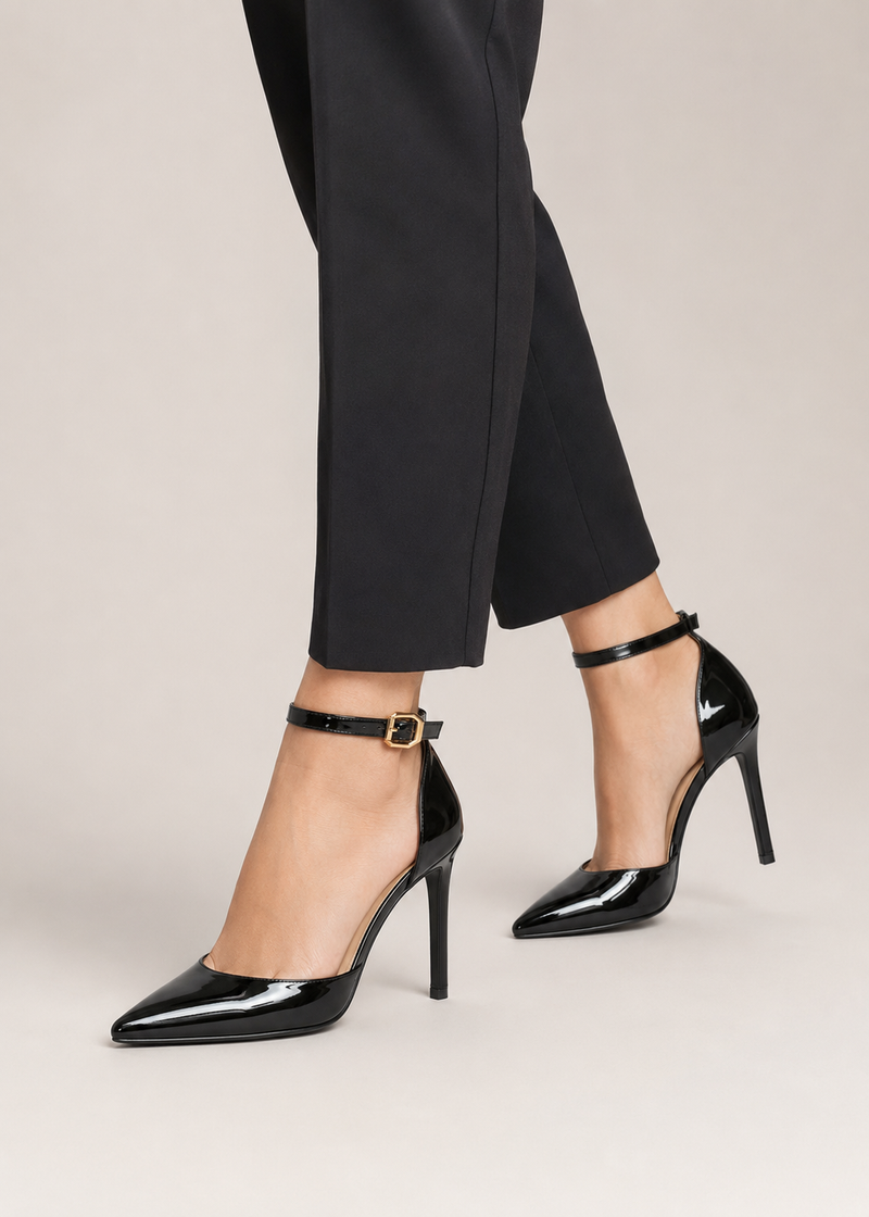 Women's Black Patent Ankle Strap Stiletto Court Shoes Pointed Toe 221