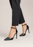 Women's Black Patent Ankle Strap Stiletto Court Shoes Pointed Toe 221
