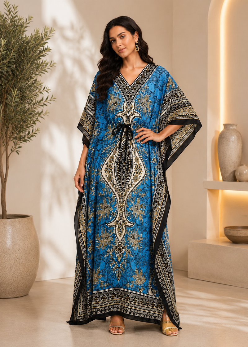 Women Blue Polyester Kaftan Maxi Dress