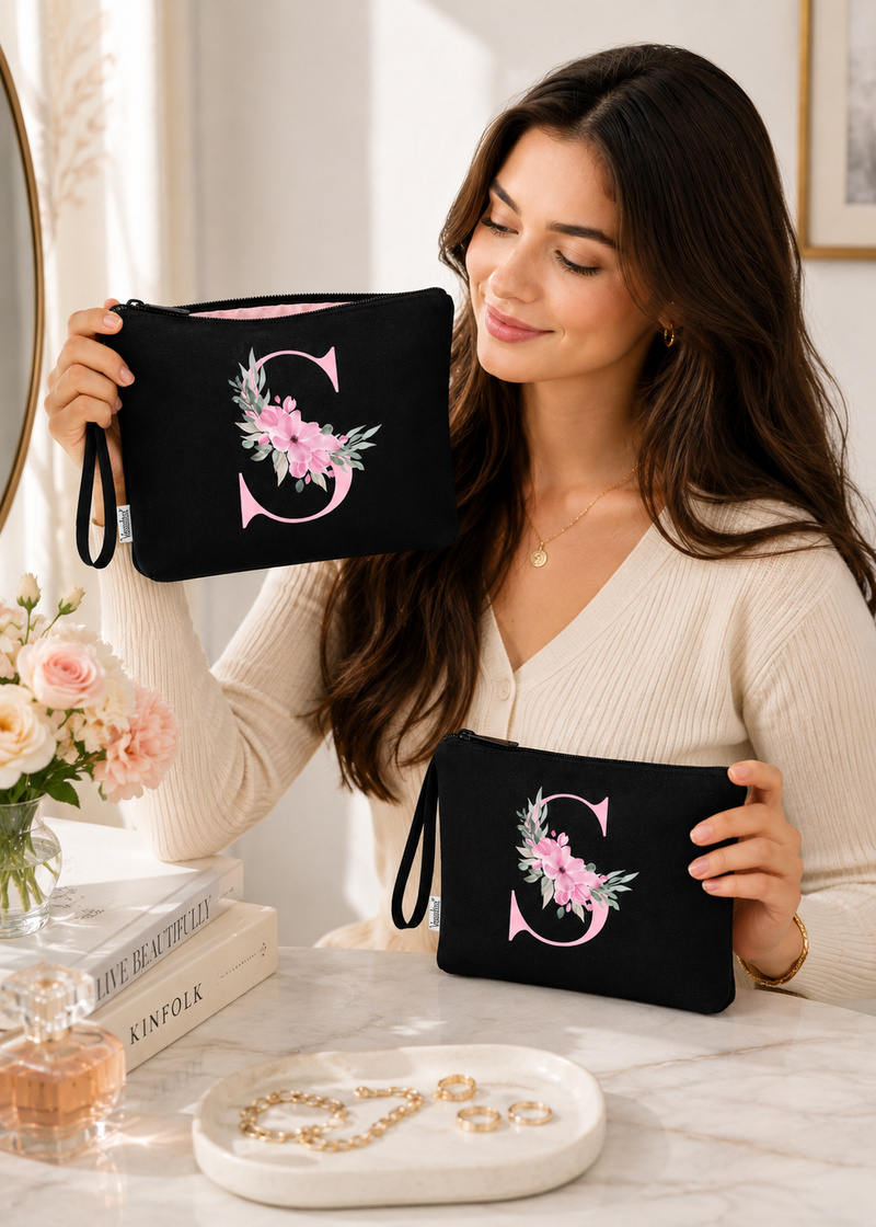 2 Pcs Initial Black Makeup Bag Set for Women