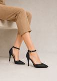 Women's Black Matte Ankle Strap Stiletto Court Shoes Pointed Toe 221