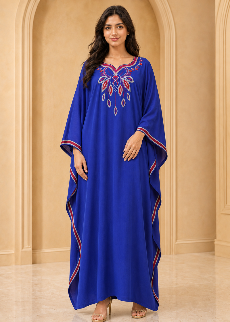 Women’s Y-Blue Embroidered V-Neck Kaftan Maxi Dress – Beach Cover-Up