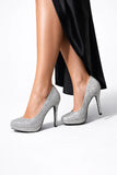 Silver Glitter Round Toe Diamante Stiletto High Heel Court Shoes – 014