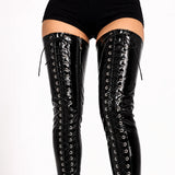 Women's Black Patent Thigh High Over The Knee Front Lace Up Stiletto Boots 11720