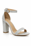 Women's Silver Shimmer Glitter Chunky Block High Heel Ankle Strap Peep Toe Sandals-BS 1810