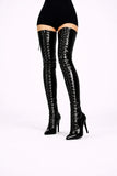 Women's Black Patent Thigh High Over The Knee Front Lace Up Stiletto Boots 11720