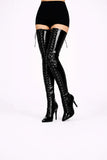 Women's Black Patent Thigh High Over The Knee Front Lace Up Stiletto Boots 11720