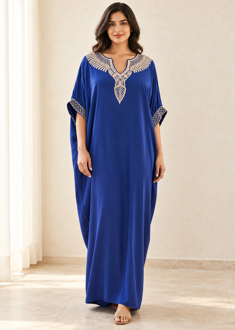 Women’s Deep Blue Embroidered Plus-Size Kaftan Beach Cover-Up