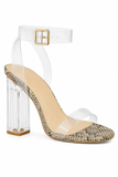 Women's Snake Print Clear Strap Block Perspex High Heel Sandals-BS-71