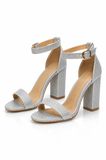 Women's Silver Shimmer Glitter Chunky Block High Heel Ankle Strap Peep Toe Sandals-BS 1810
