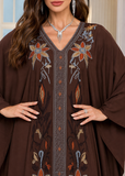 Women’s M-Brown Embroidered V-Neck Kaftan Maxi Dress – Beach Cover Up