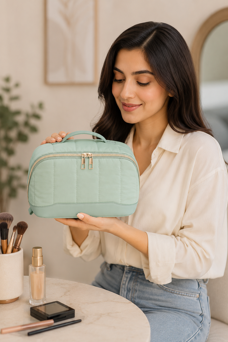 Green Large Quilted Travel Makeup Bag with Brush Holder