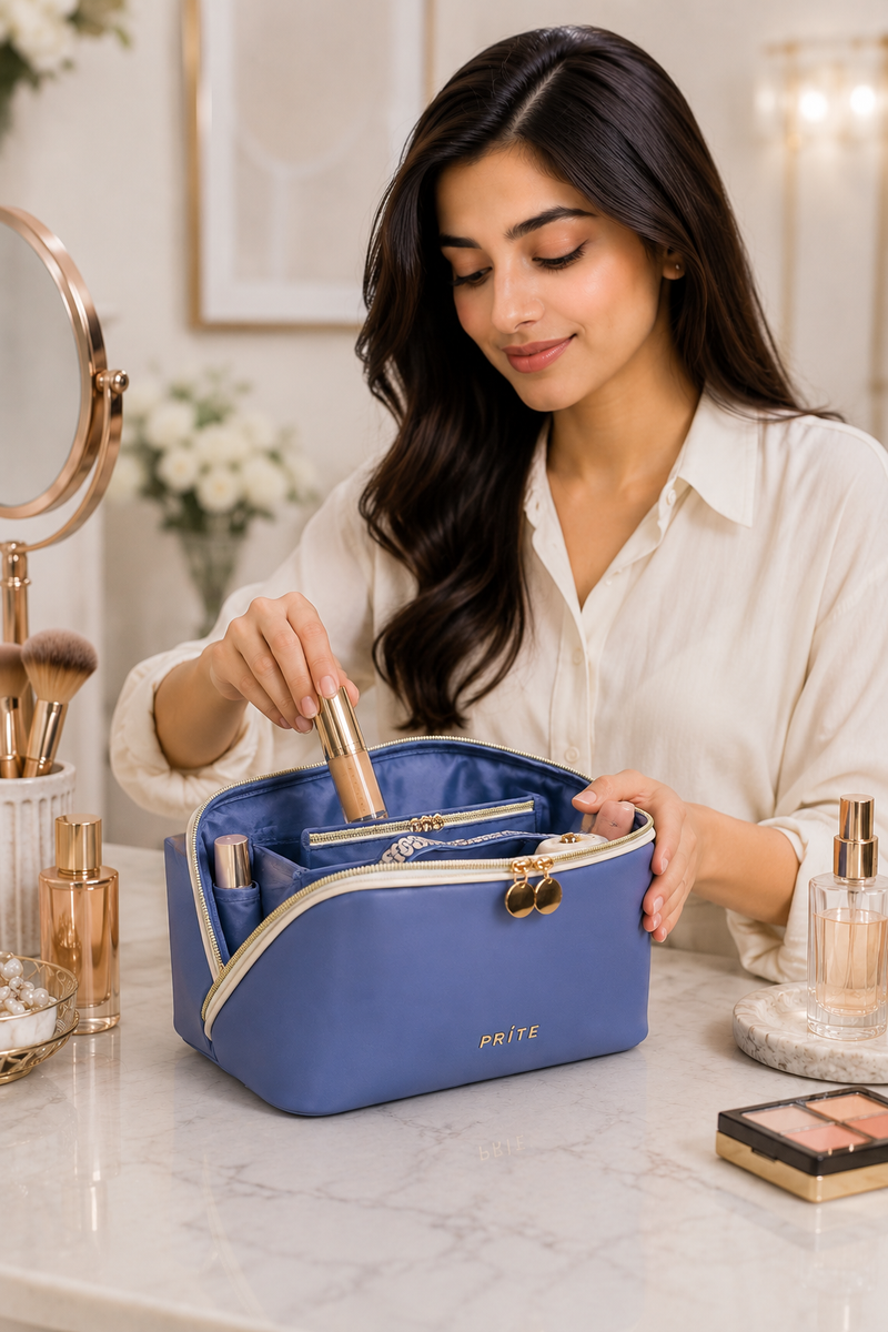 Women’s PU Leather Flat-Lay Travel Makeup Bag with Brush Pocket