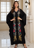 Women’s P-Black Embroidered V-Neck Kaftan Maxi Dress – Beach Cover Up