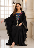 Women’s L-Black Embroidered V-Neck Kaftan Maxi Dress – Beach Cover Up