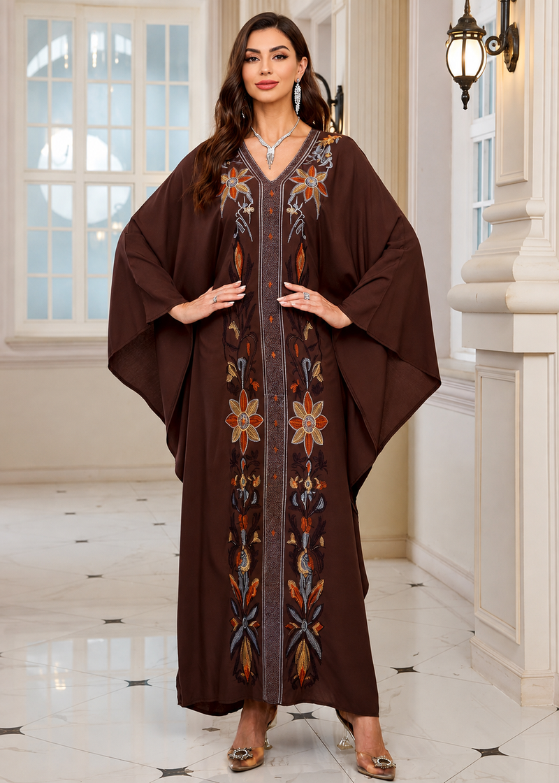 Women’s M-Brown Embroidered V-Neck Kaftan Maxi Dress – Beach Cover Up