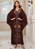Women’s M-Brown Embroidered V-Neck Kaftan Maxi Dress – Beach Cover Up