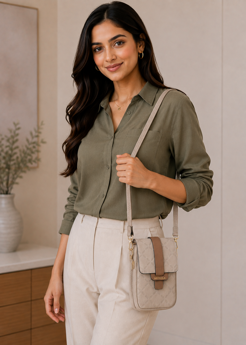 MUIIKOLA Women’s New-warmgrey PU Leather Crossbody Phone Bag with RFID Card Slots and Adjustable Wide Strap