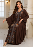 Women’s M-Brown Embroidered V-Neck Kaftan Maxi Dress – Beach Cover Up