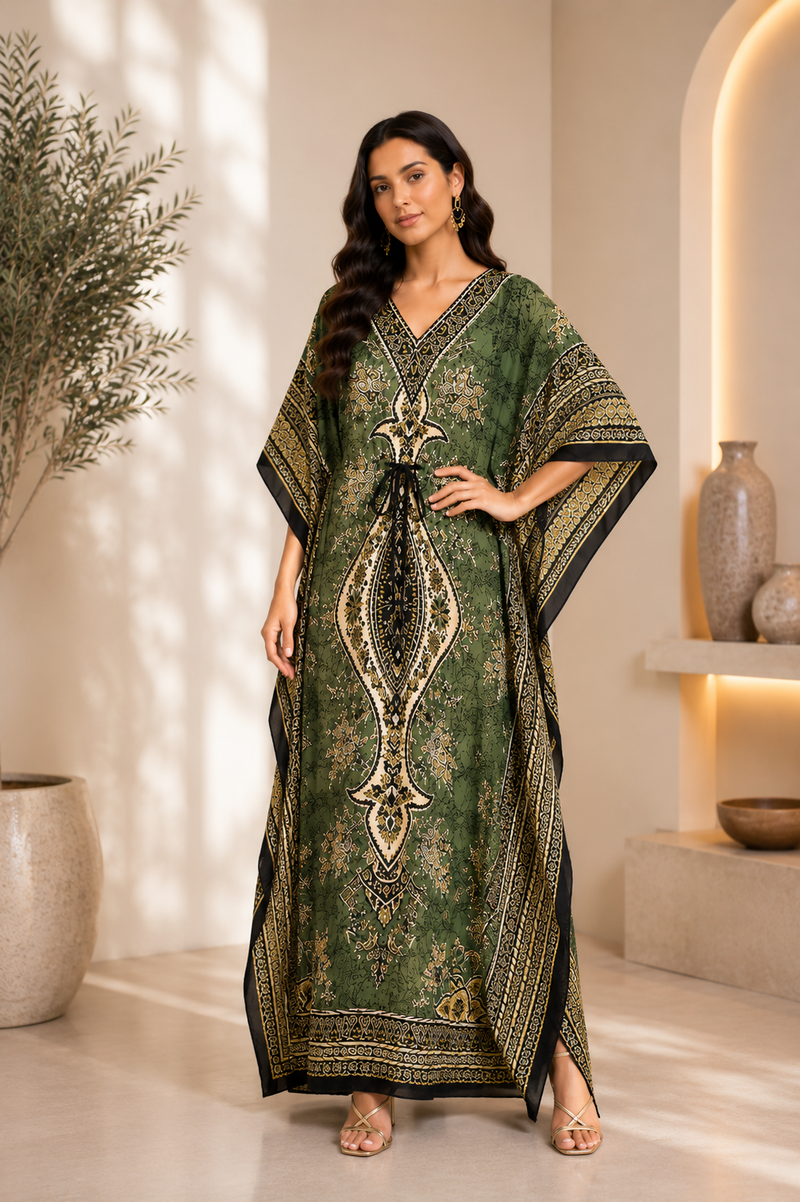 Women Green Polyester Kaftan Maxi Dress