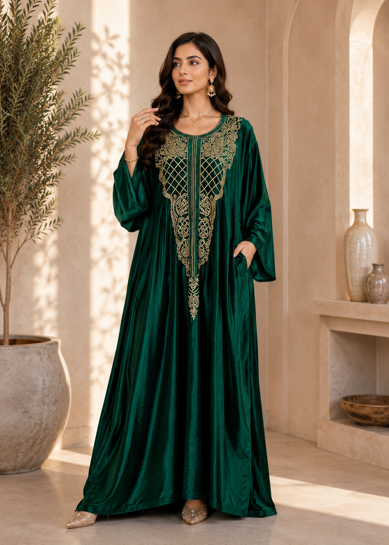 Women's Green Embroidered Beach Kaftan Maxi Cover Up