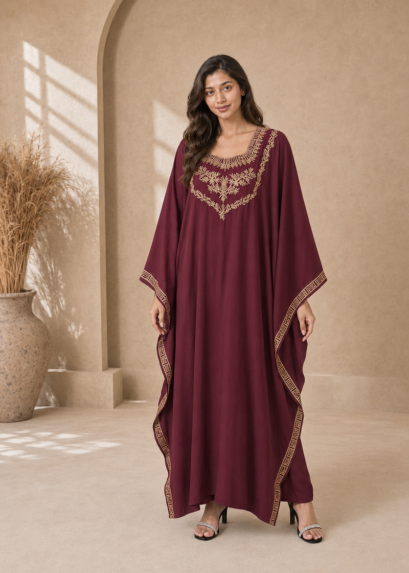 C-Wine Red Women’s Embroidered V-Neck Kaftan Maxi Dress – Beach Cover-Up
