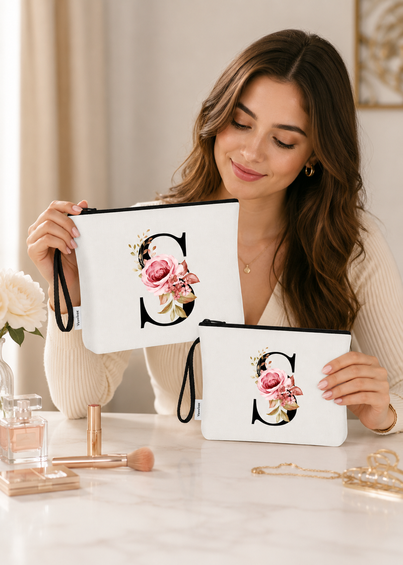 2 Pcs Initial White Makeup Bag Set for Women