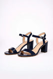 Women's Navy Blue Patent Ankle Strap Block Heel Sandals Open Toe Buckle 1840