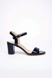 Women's Navy Blue Patent Ankle Strap Block Heel Sandals Open Toe Buckle 1840