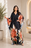 Orange Green Floral Women's Boho Kaftan Dress – V Neck Maxi Beach Cover Up Summer Kaftan