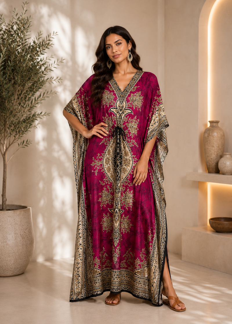 Women Pink Polyester Kaftan Maxi Dress
