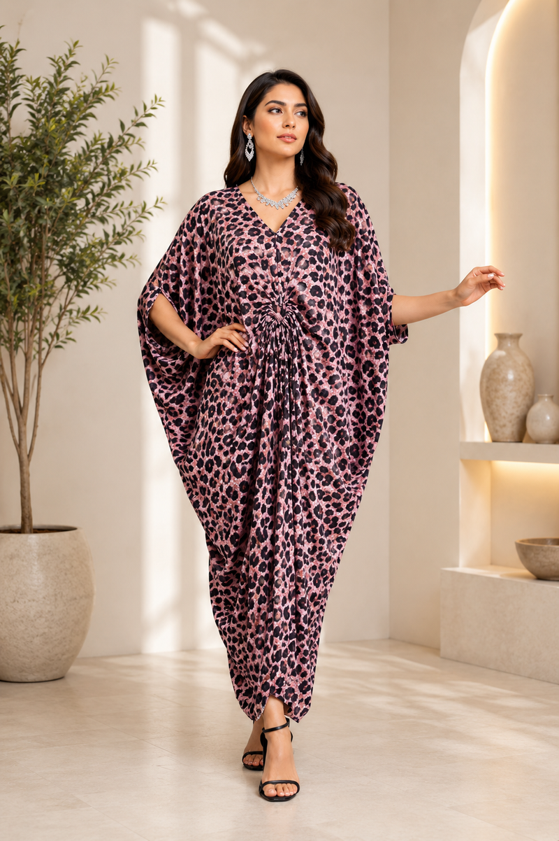 Pink Leopard Long Kaftan Dress  Lightweight Beach Cover Up Maxi Kaftan with Batwing Sleeves