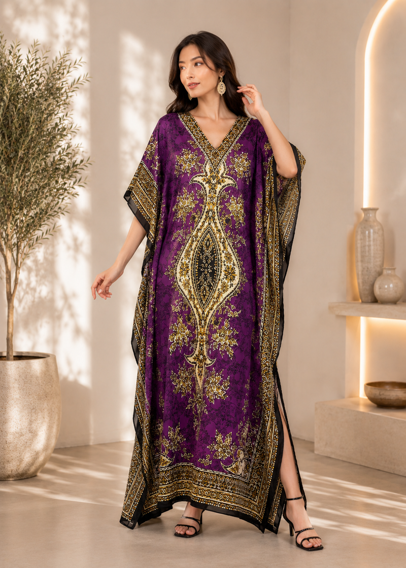Women Purple Polyester Kaftan Maxi Dress