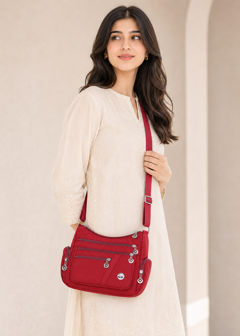 Women's Red Waterproof Nylon Crossbody Bag