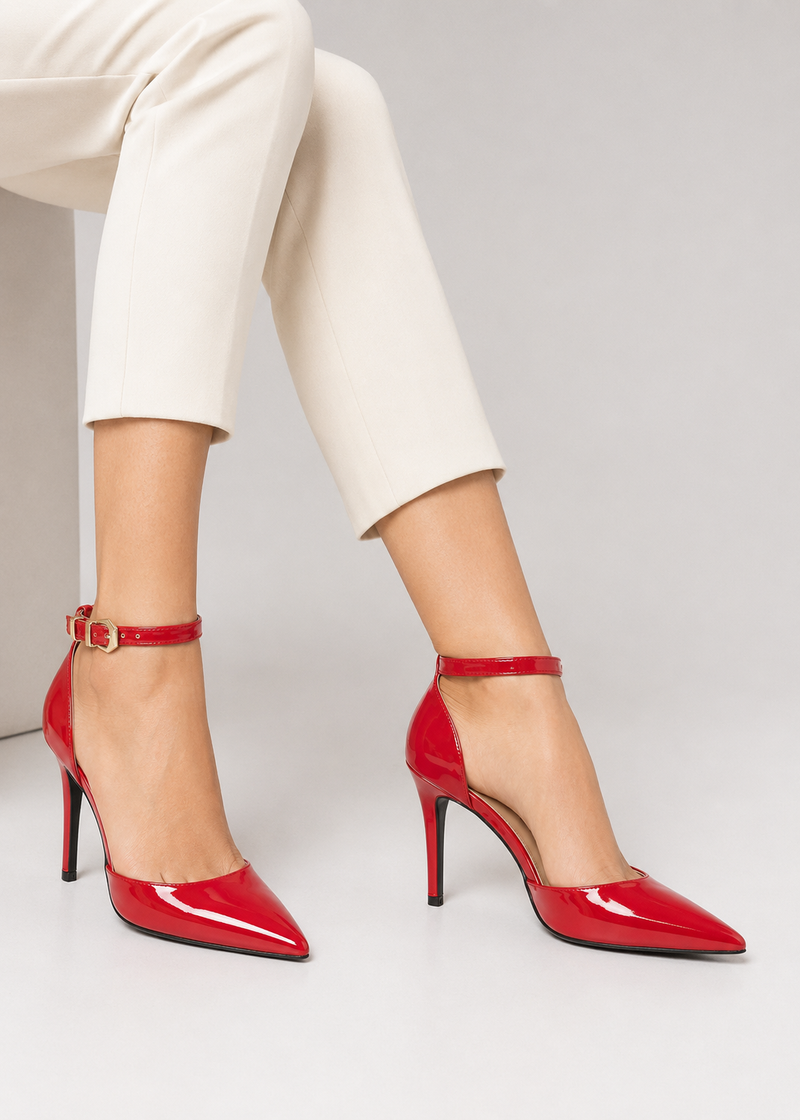 Women's Red Patent Ankle Strap Stiletto Court Shoes Pointed Toe 221