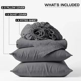 4 Piece Complete Bedding Set Duvet Cover Set With Fitted Bed Sheet & Pillowcases - Grey