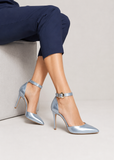 Women's Silver Patent Ankle Strap Stiletto Court Shoes Pointed Toe 221