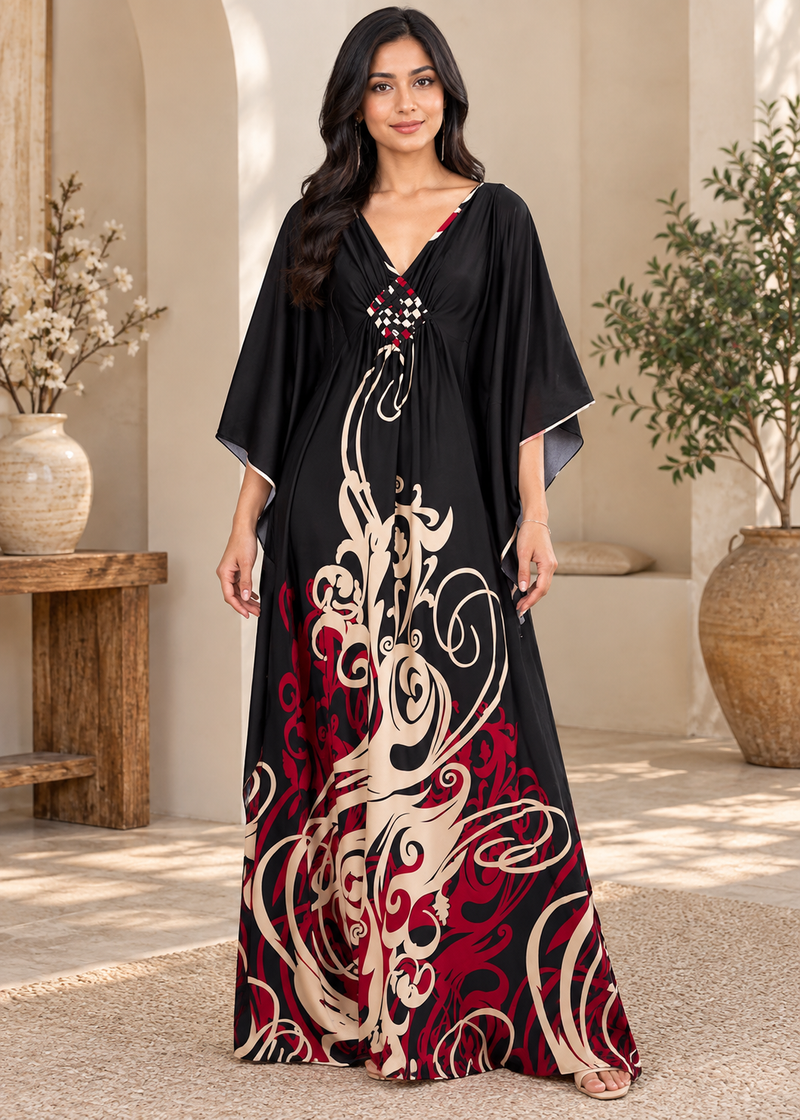 Women’s Black & Red Bohemian Oversized Maxi Kaftan Dress – One Size
