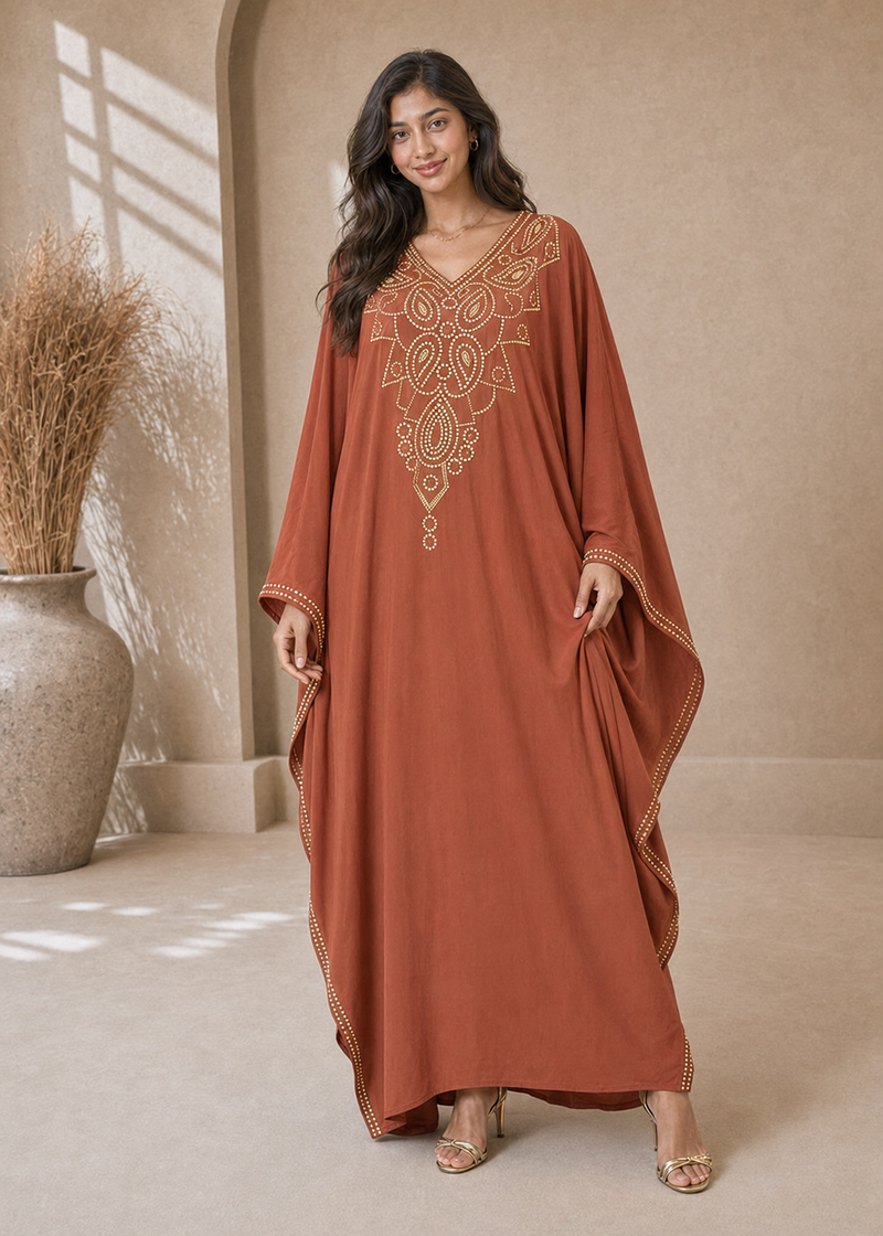 Women’s V-Orange Embroidered V-Neck Kaftan Maxi Dress – Beach Cover-Up