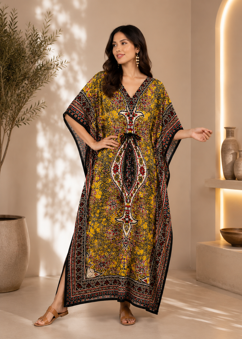 Women Yello Polyester Kaftan Maxi Dress